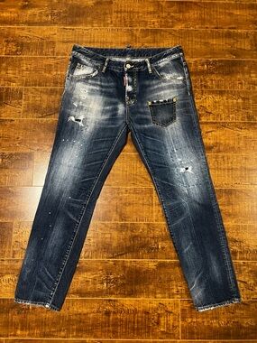 DSQUARED2 Dark Blue Distressed Slim Straight Jeans
